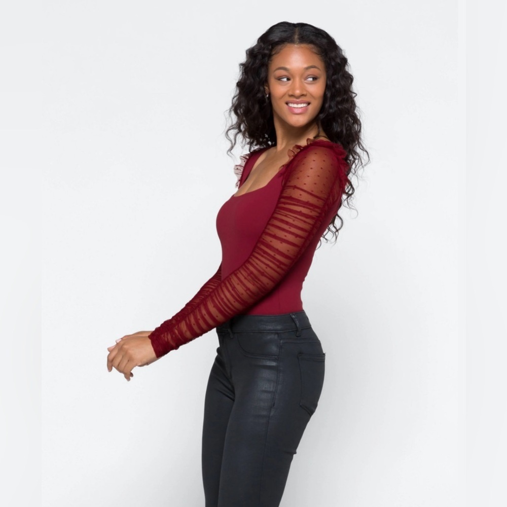Free People Burgundy Sheer Sleeve Bodysuit **Bundle 3/$15